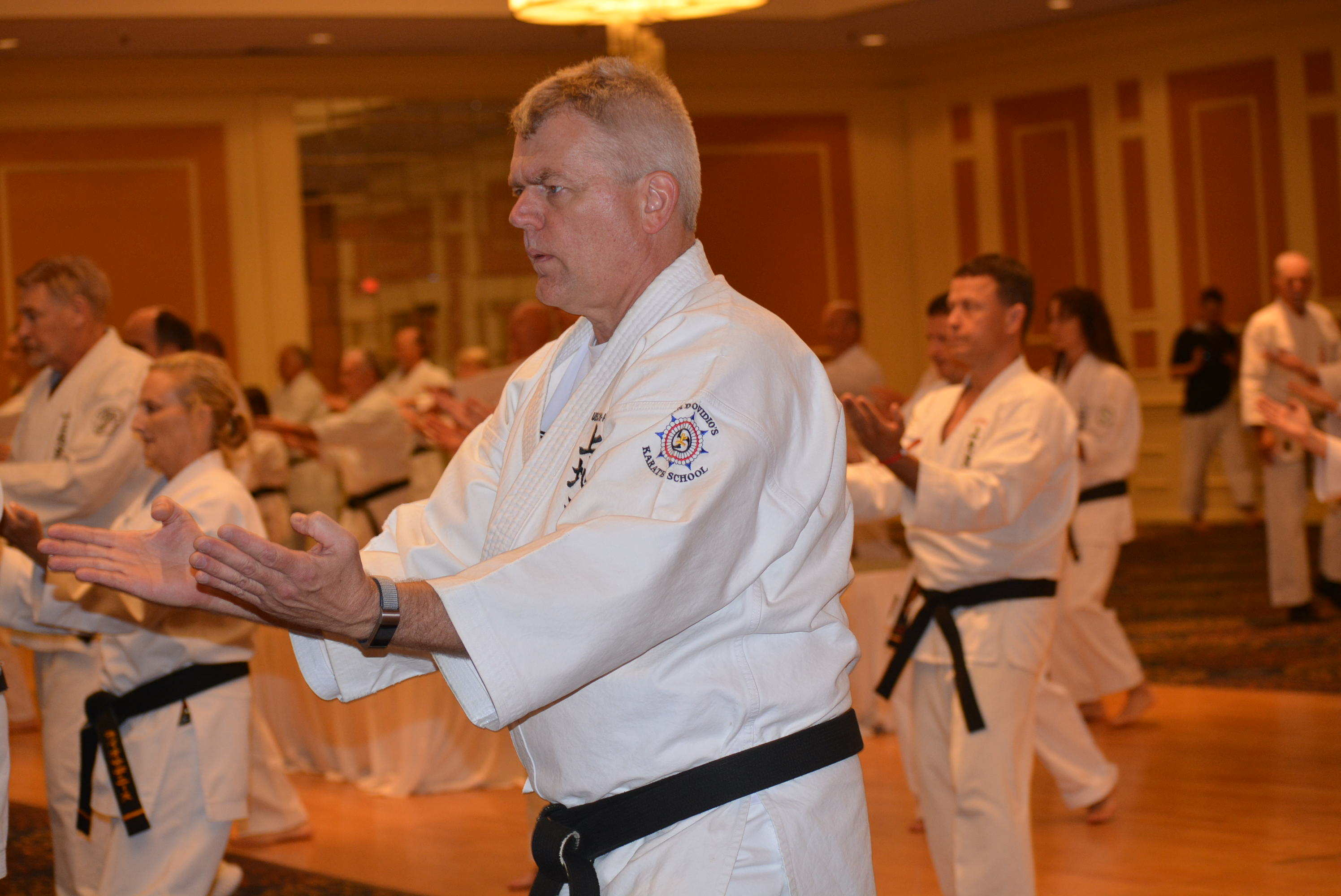 Dan Dovidio practicing karate with fellow martial artists