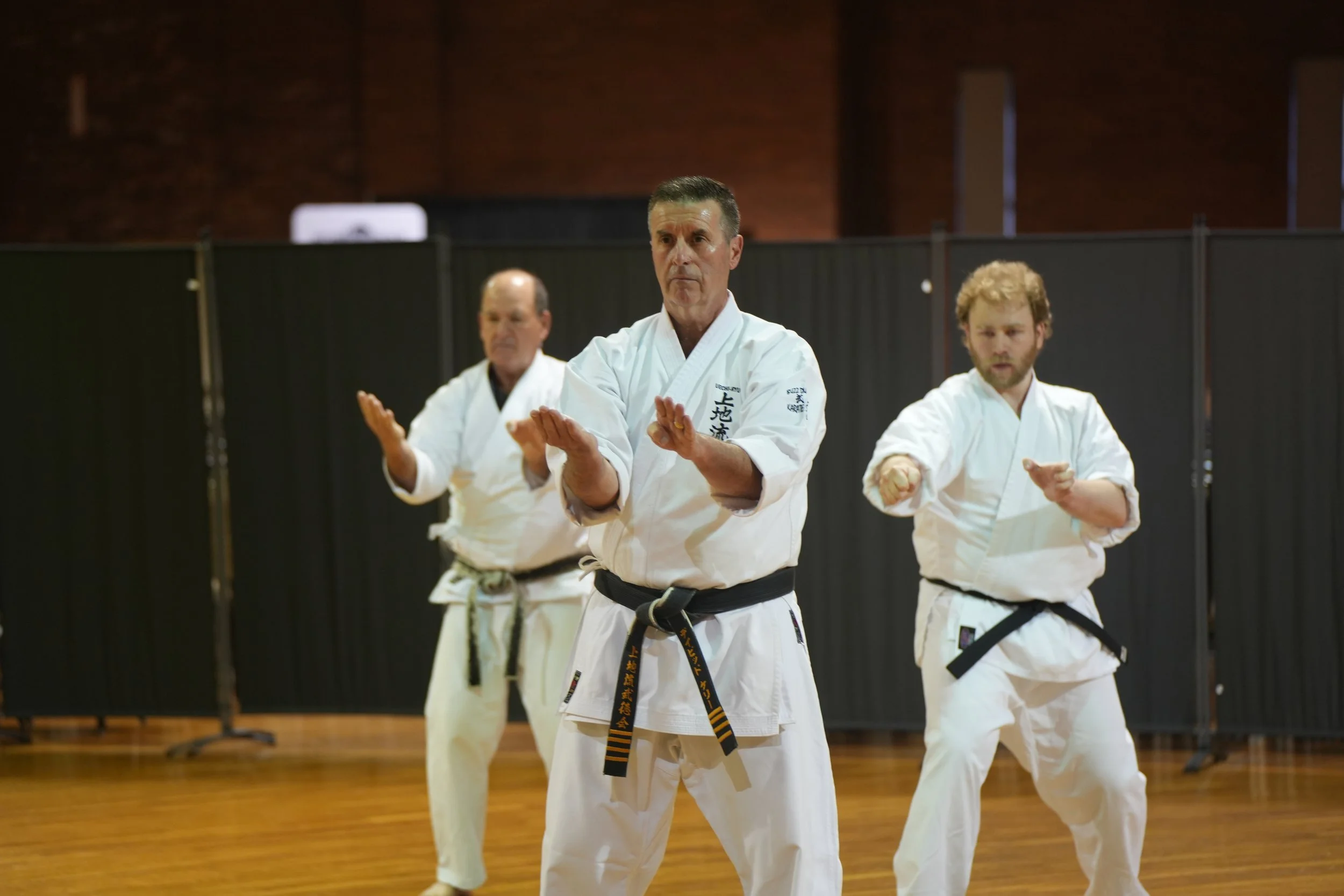 David Kelley practicing karate with fellow practitioners