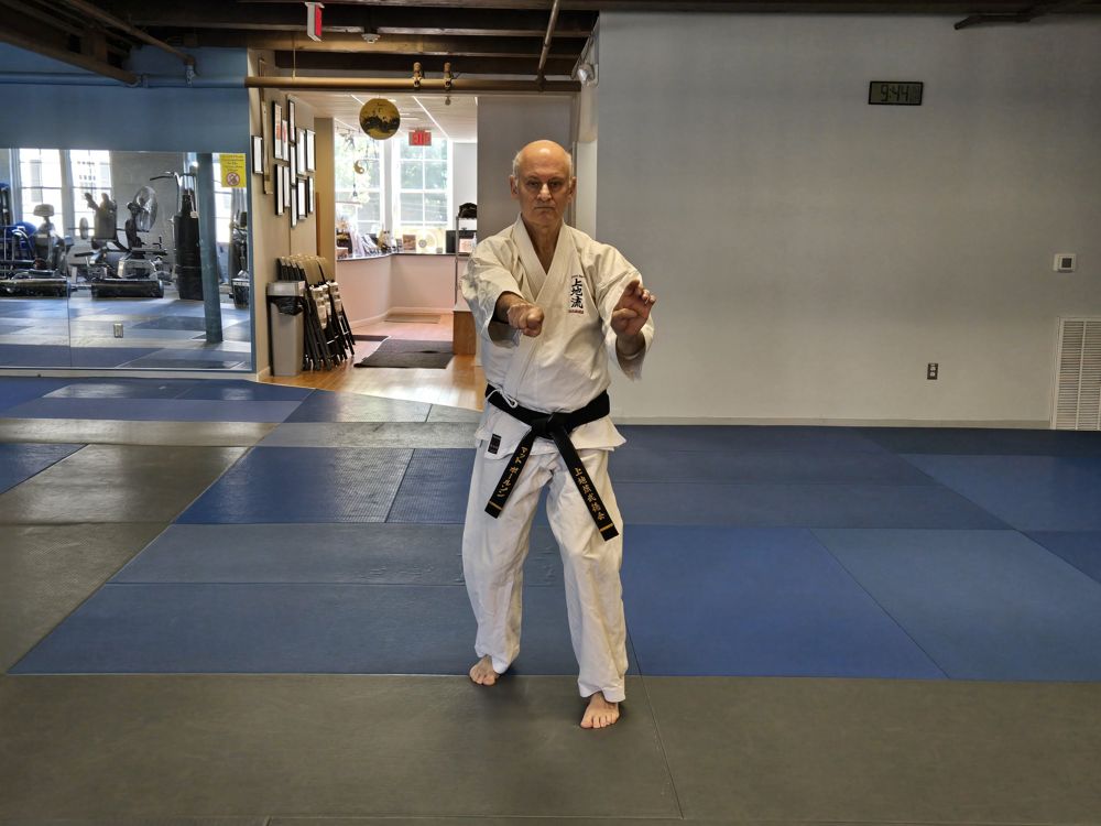 Matthew Paulson practicing karate in a dojo