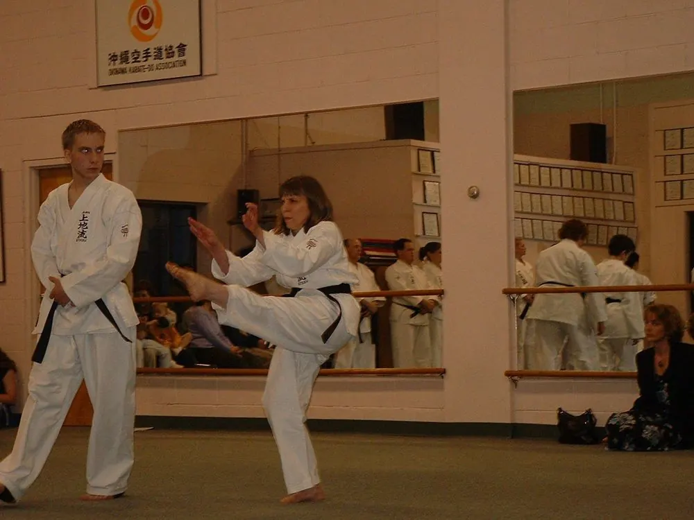 Nancy Royalty practicing karate with a fellow practitioner