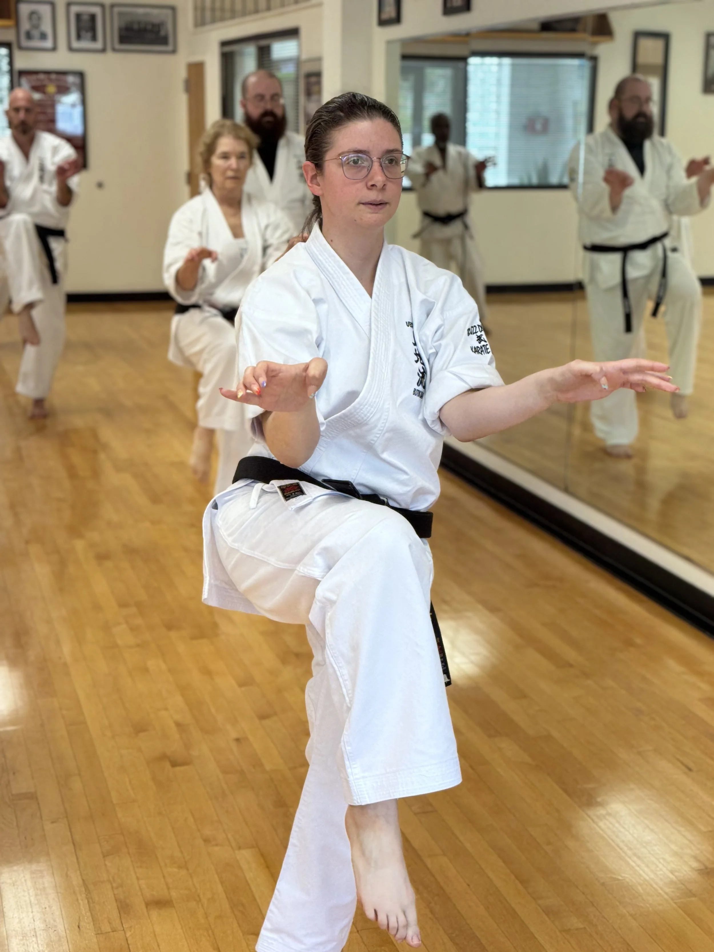 Sara Mersereau practicing karate during a class at the dojo